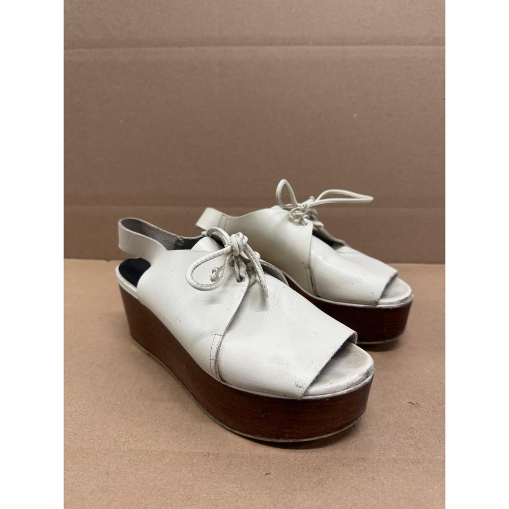 Tibi Malone Leather Lace Up Wedge Platform Sandals White Womens Size 38 EU